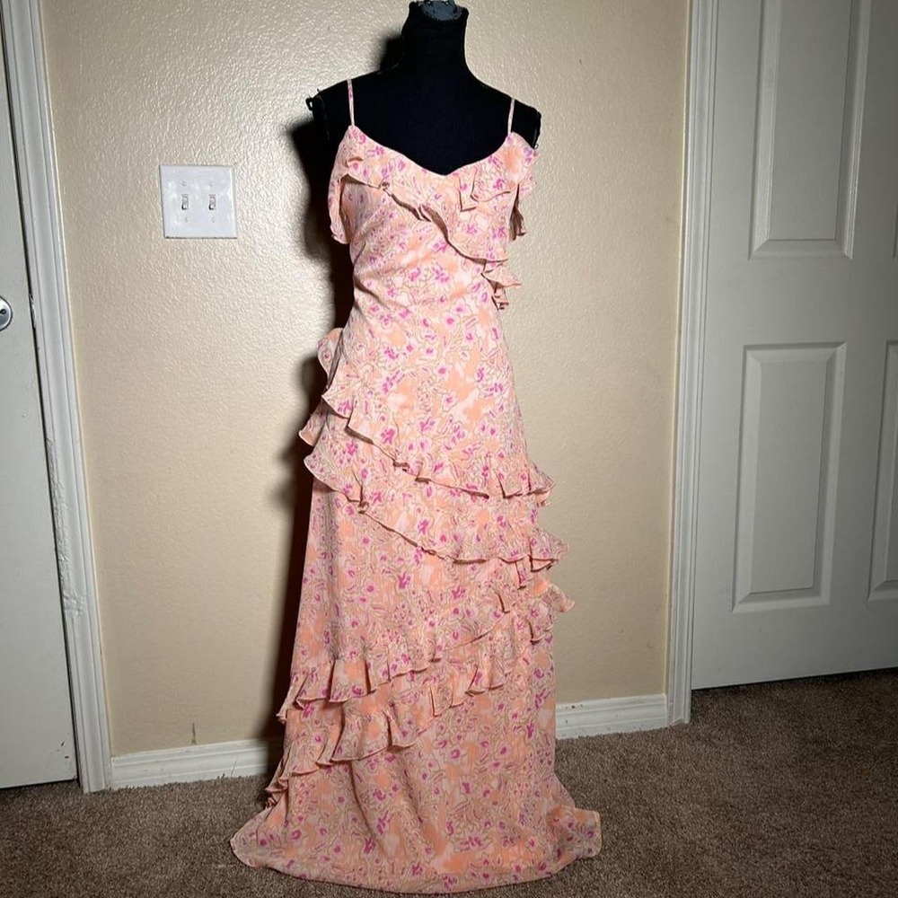 Loft Pink Floral Paisley Ruffle Maxi Dress Y2K Boho Cottagecore Size 4 Small